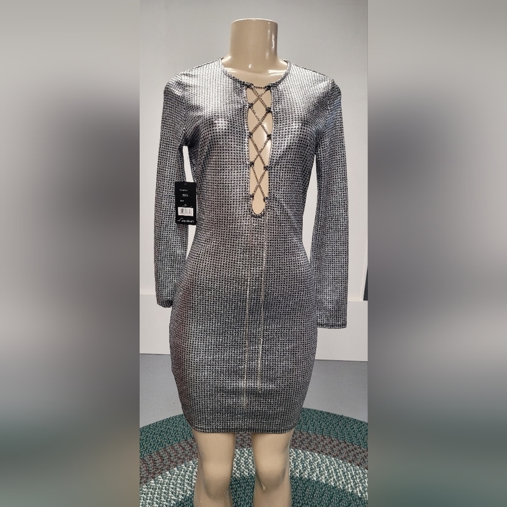 Nwt Love University Silver Spandex Bodycon Dress Metallic M